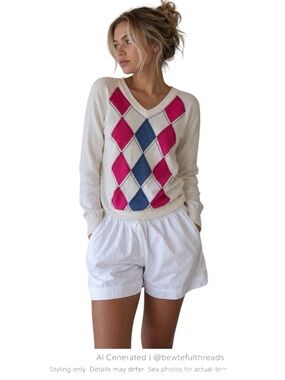 Preppy Indie Sleaze Argyle V Neck Sweater Cream Pink Blue Soft Girl
